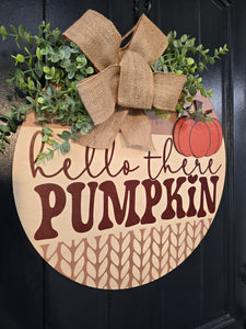 Hello There knit Pumpkin Door Hanger